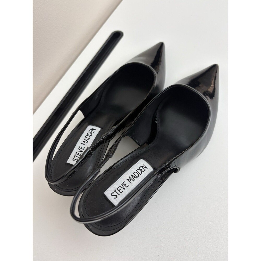NIB Steve Madden Alynna Black Patent Slingback Pumps Pointed Toe Cone Heels 7.5 - Picture 3 of 16